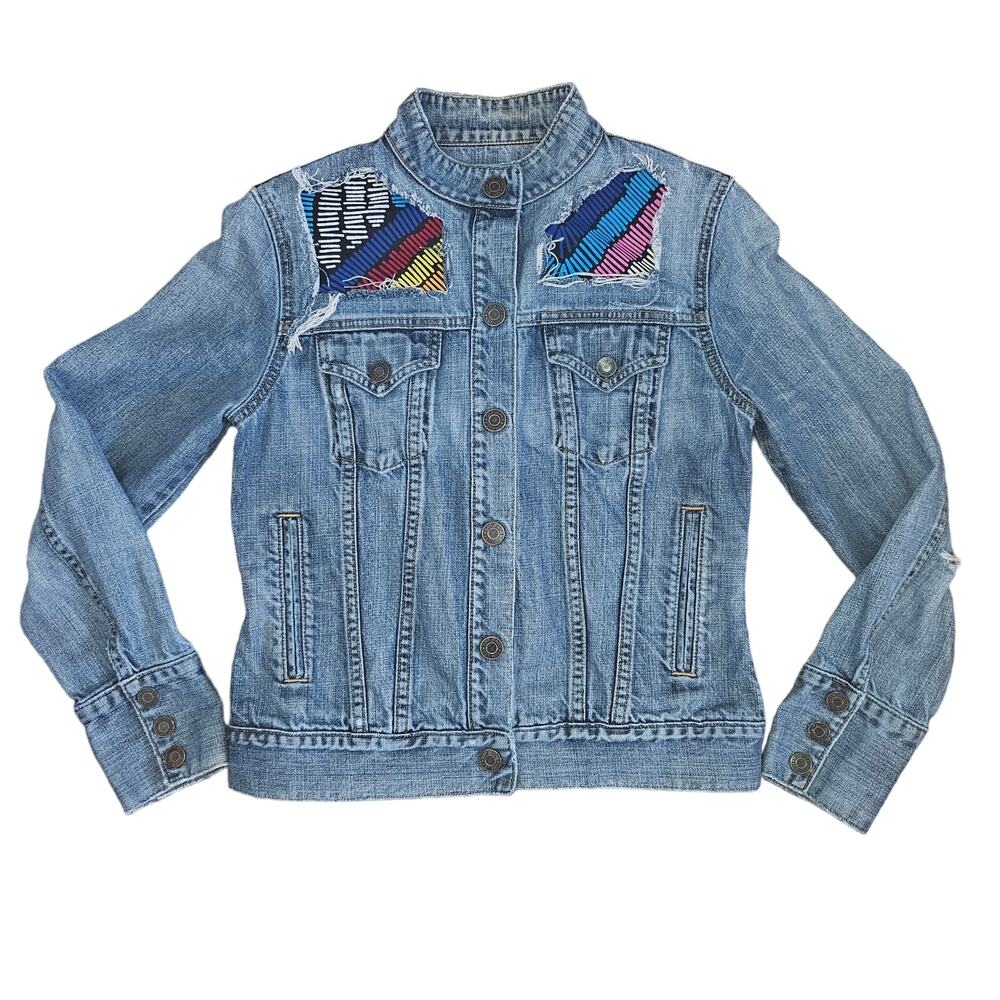 GAP Denim Jacket Women Small Embroidered Patchwork Boho Festival Jean Jacket